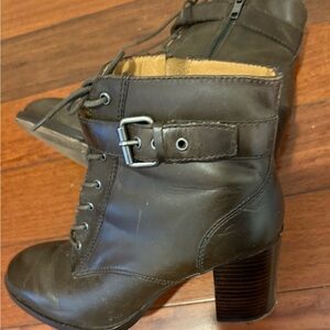 bettye muller Dark Brown Lace-Up Buckle Block Heel Ankle Boots